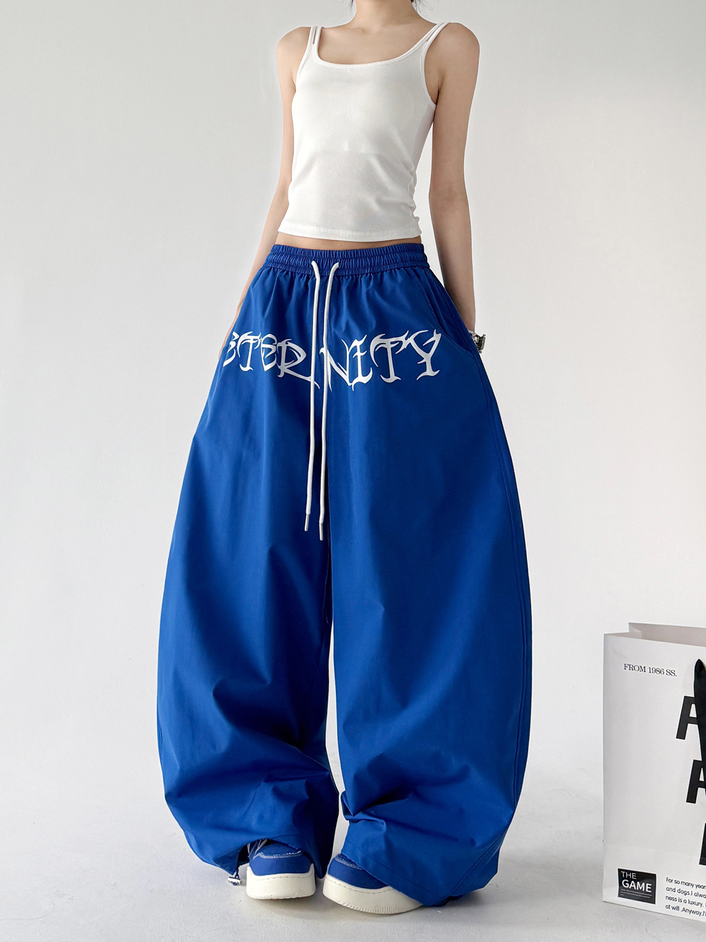 Blue Drawstring Street Dance Loose Wide Leg Pants