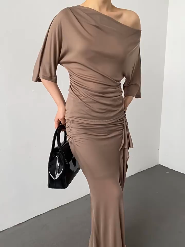 Draped Neck Slim Short Sleeve Knit Crop Top For Women