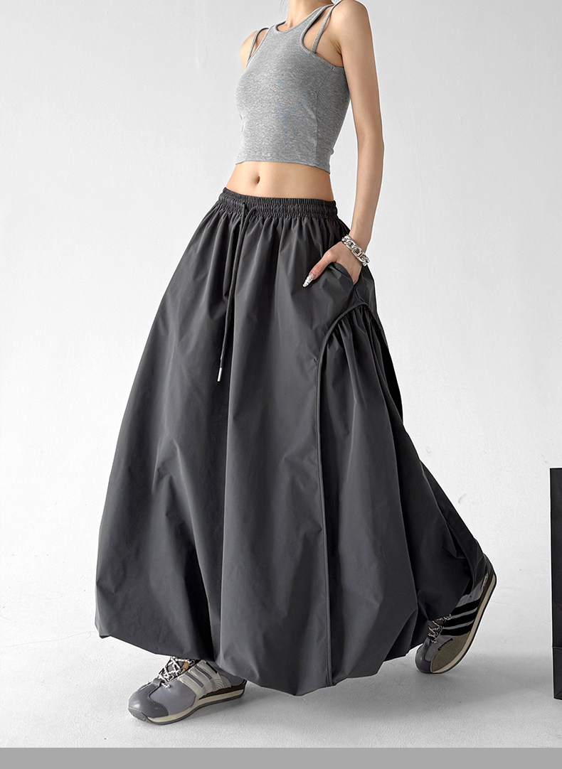 Gray Bud High Waist Flared A-Line Maxi Skirt