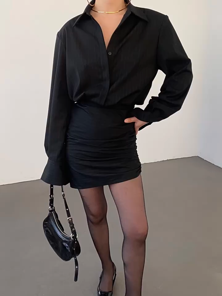 Collared Pleated Slim A-line Long Sleeve Shirt Dress For Women