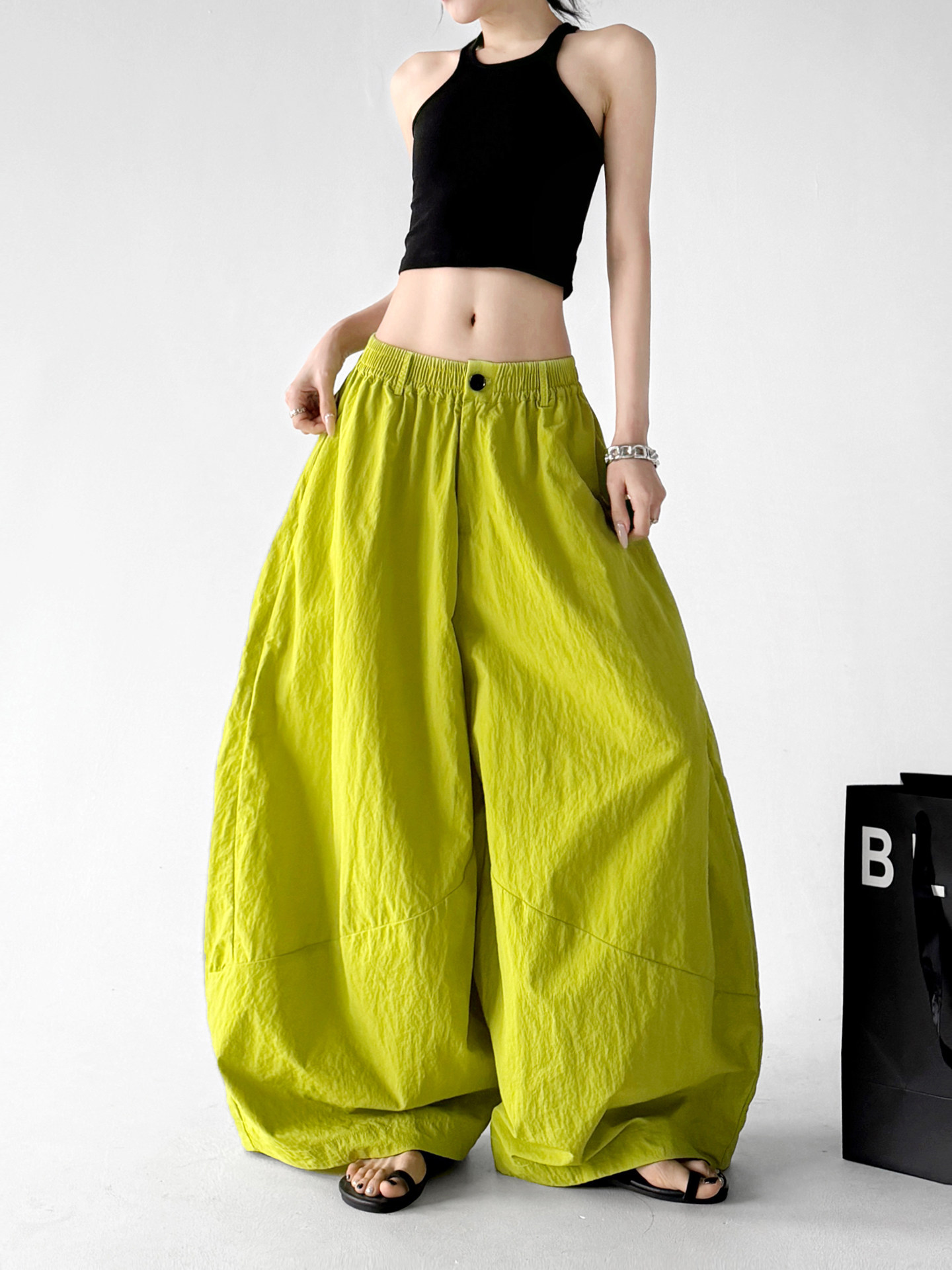 Ice Silk Elastic High Waist Sun Protection Curved Wide Leg Pants