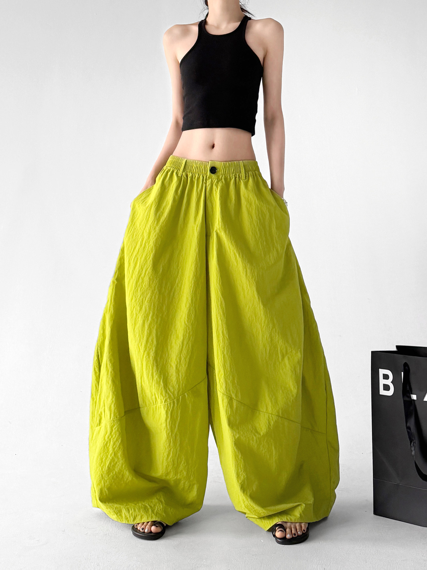 Ice Silk Elastic High Waist Sun Protection Curved Wide Leg Pants