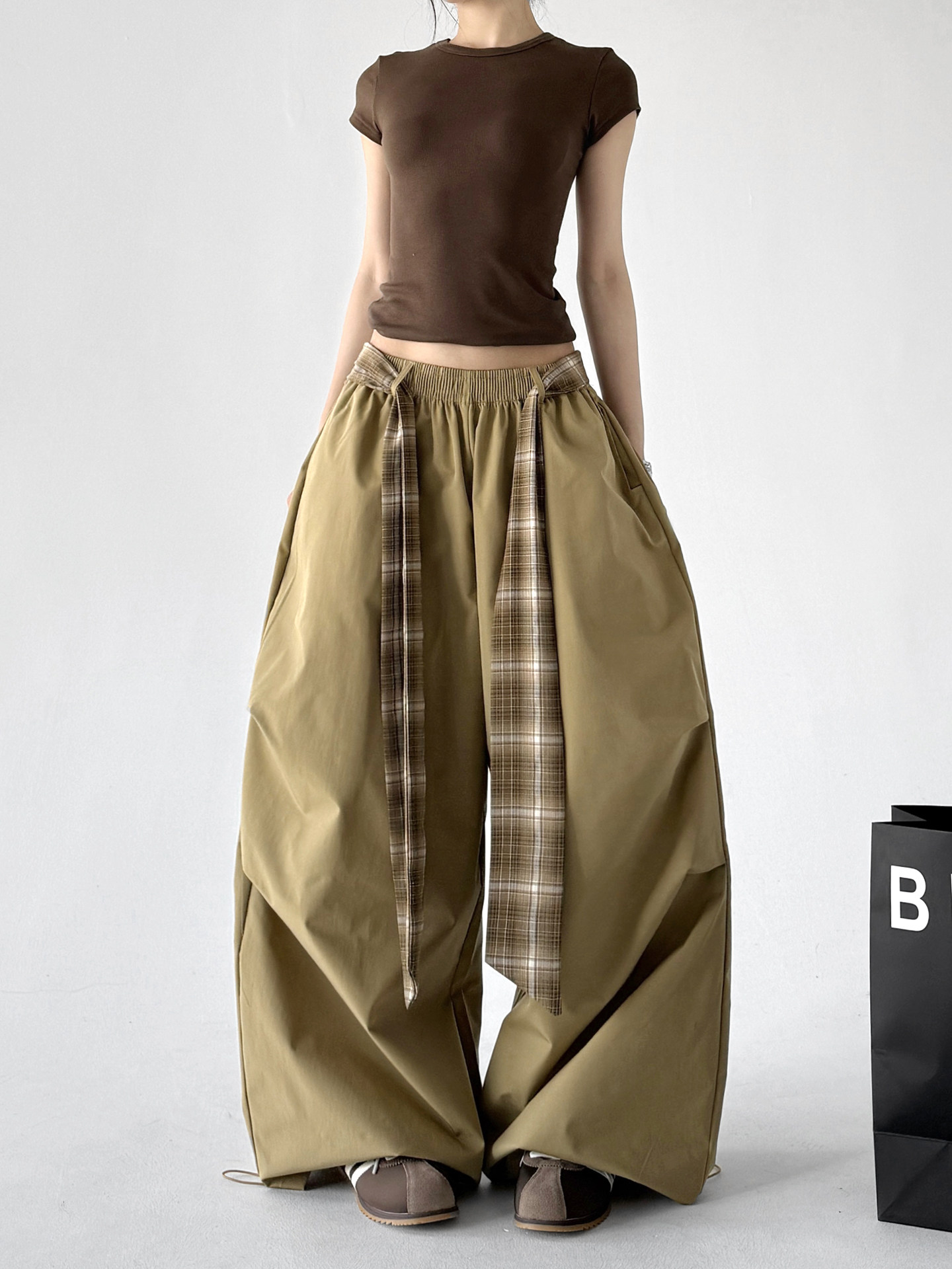 Loose Plaid Curved Wide Leg Casual Pants