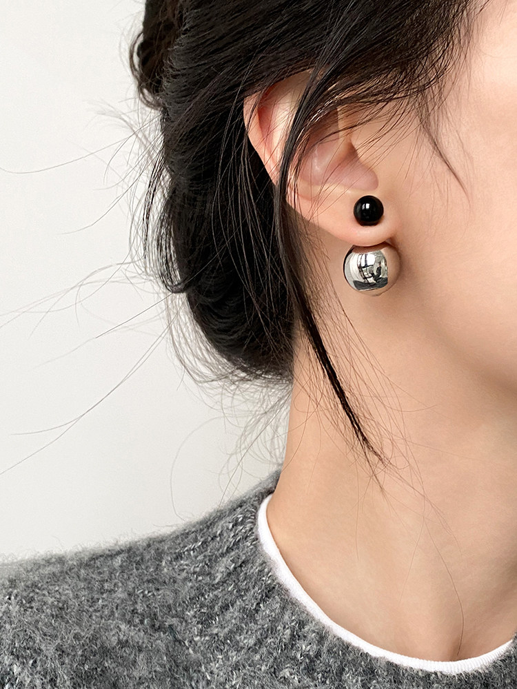 Dark Trendy Geometric Black Agate Round Ball Two-way Wear Earrings