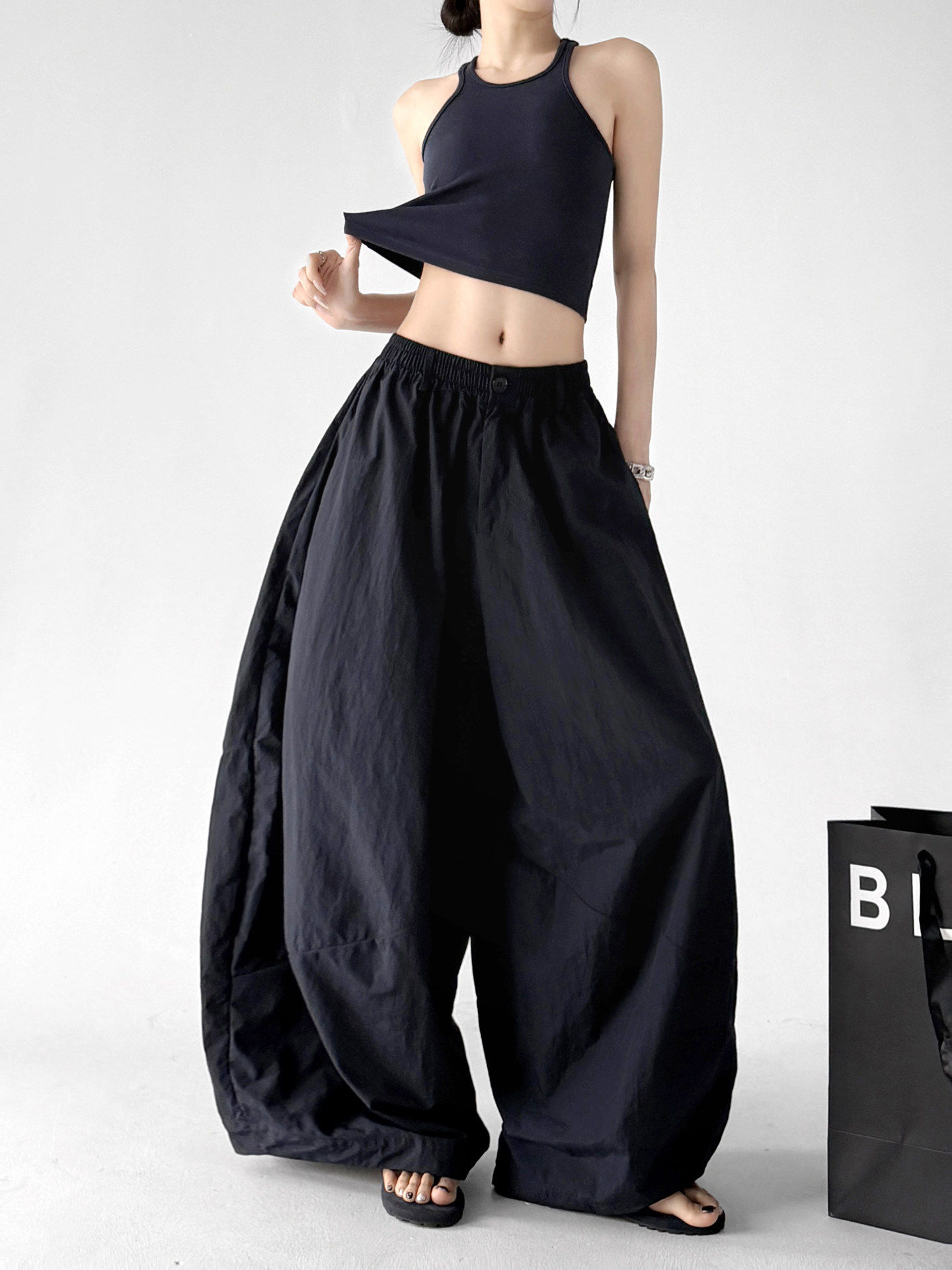 Ice Silk Elastic High Waist Sun Protection Curved Wide Leg Pants