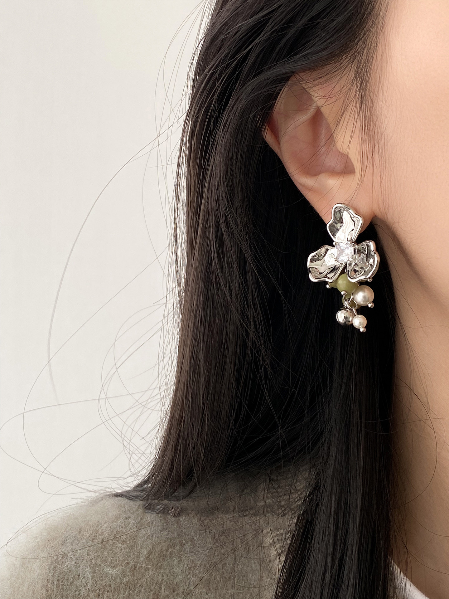 Flower Beaded Natural Stone Pearl Drop Earrings