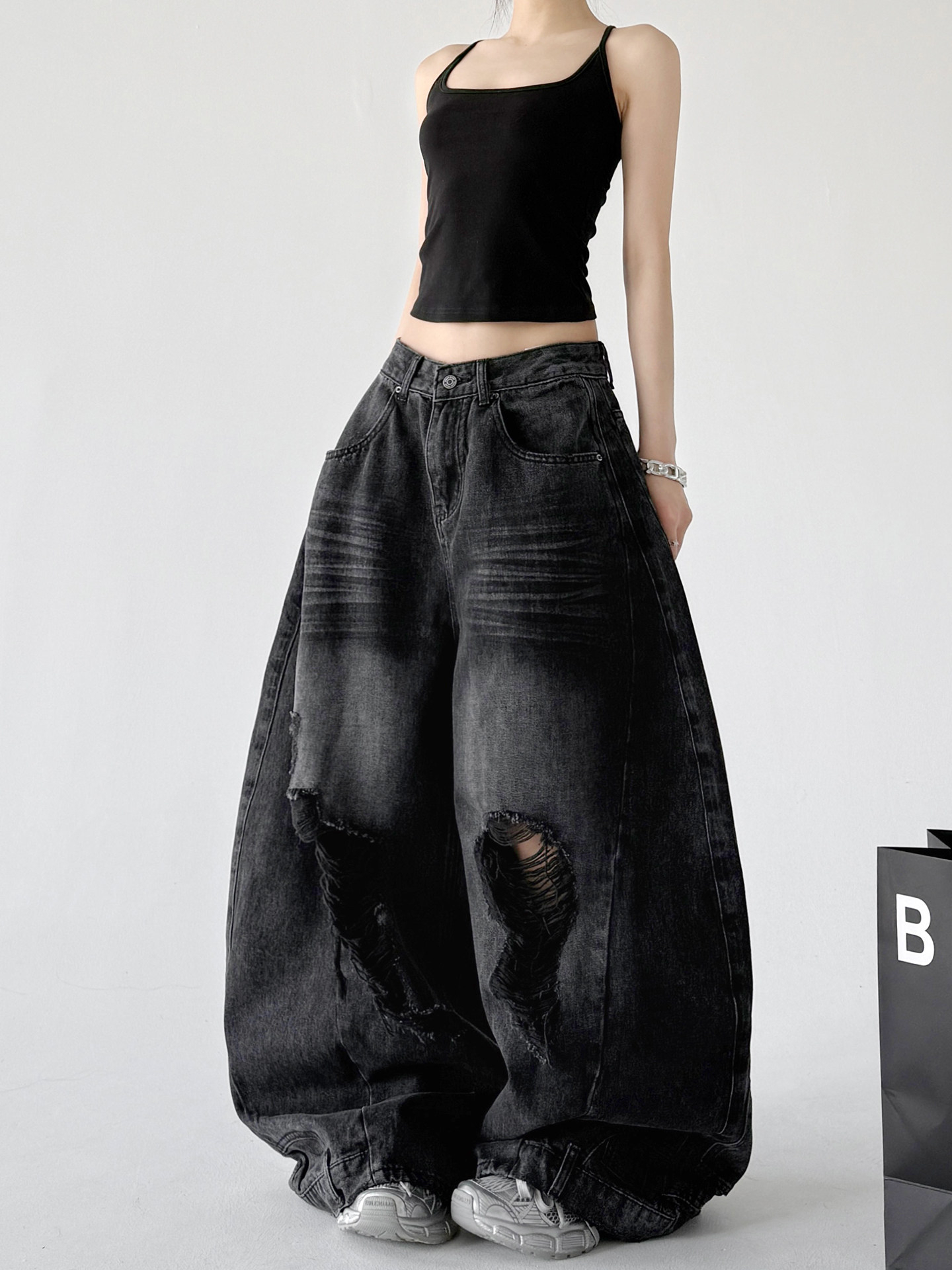 American Style Black Distressed Loose Floor-Length Wide Leg Jeans