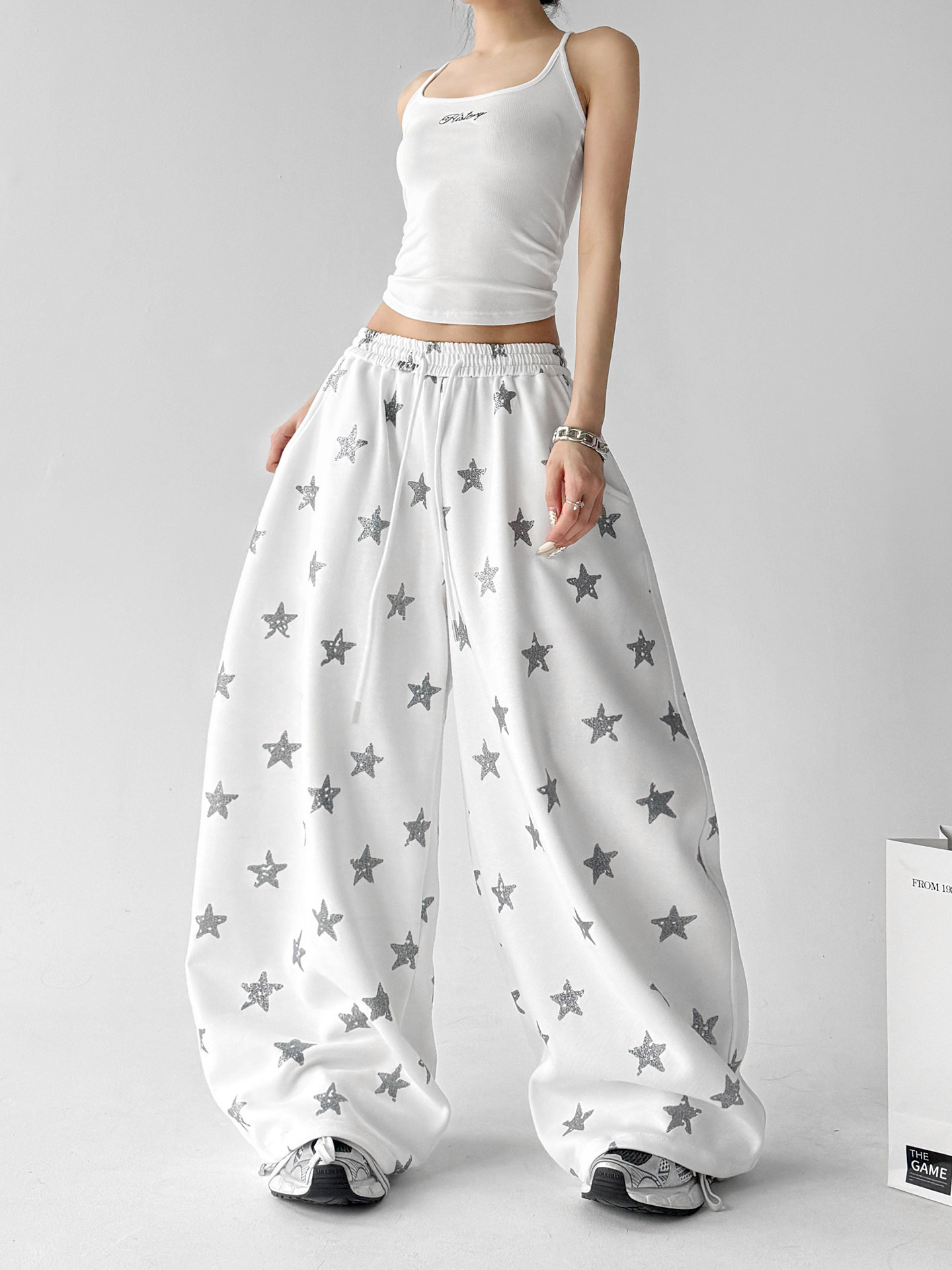 White Star Print Loose High Waist Wide Leg Sports Pants