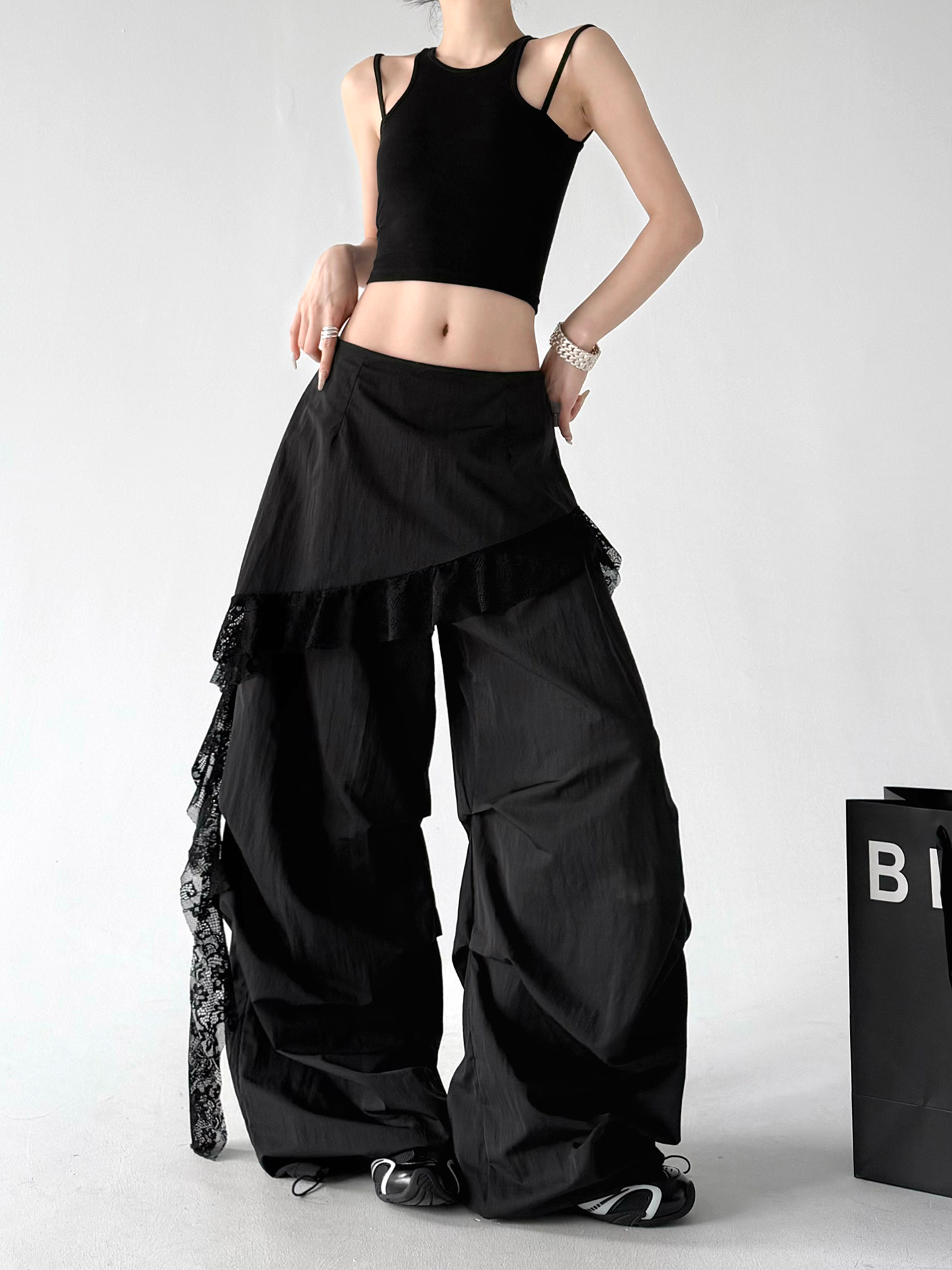 Black Lace Splicing Loose Casual Wide Leg Pants