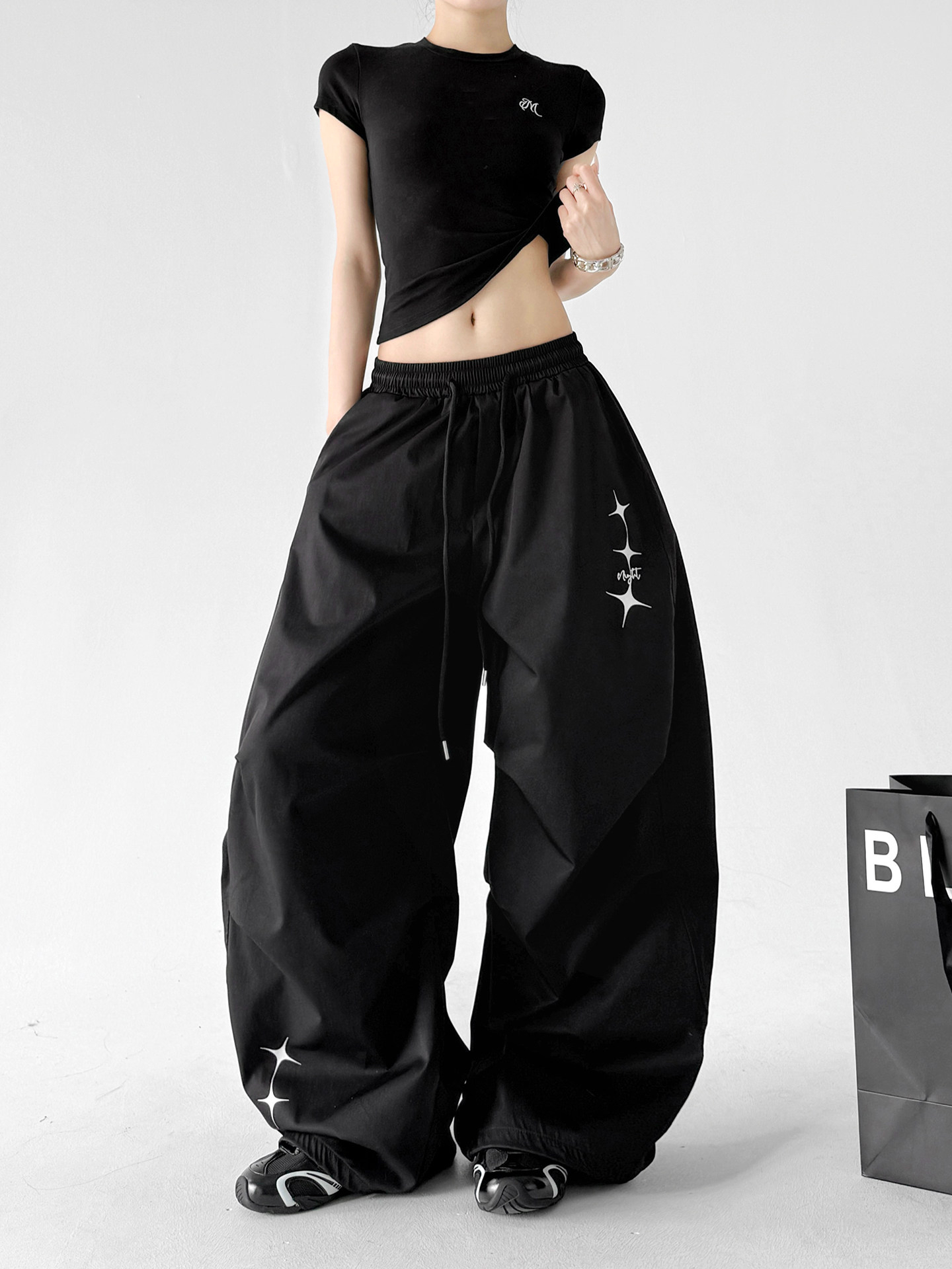 Black Loose Parachute Cargo Outdoor Wide Leg Pants