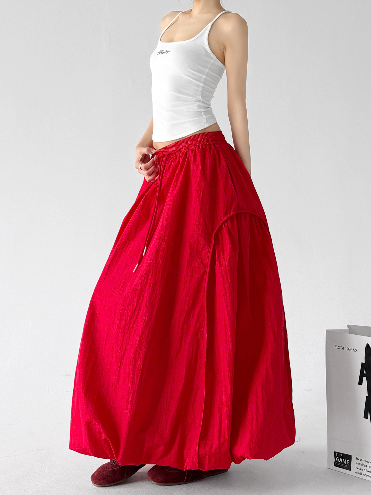 Red Bud High Waist Flared A-Line Maxi Skirt