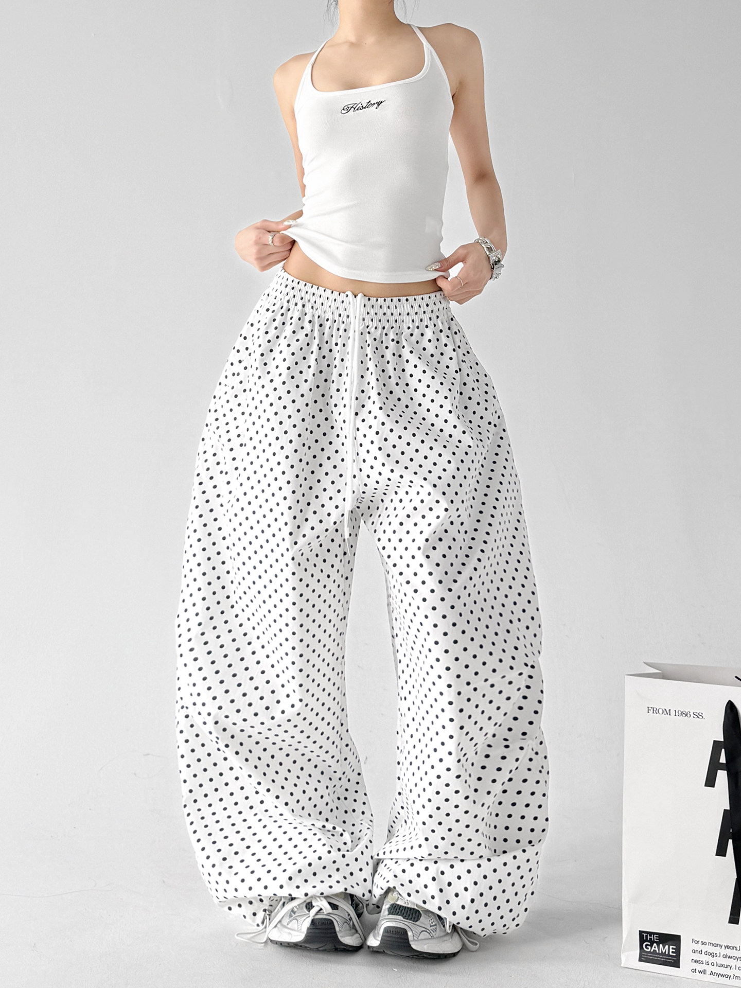 White Polka Dot Quick Dry Lazy Wide Leg Pants