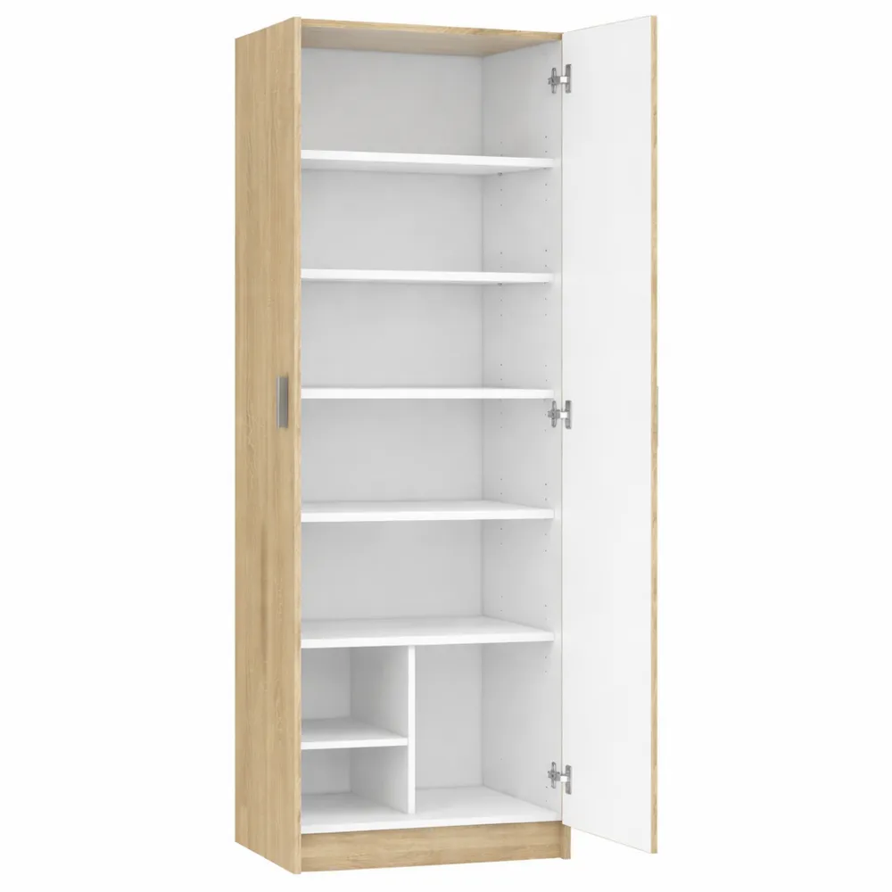 Armadio multiuso a colonna con 2 ante e 8 ripiani, ingresso o camera da letto, rovere chiaro