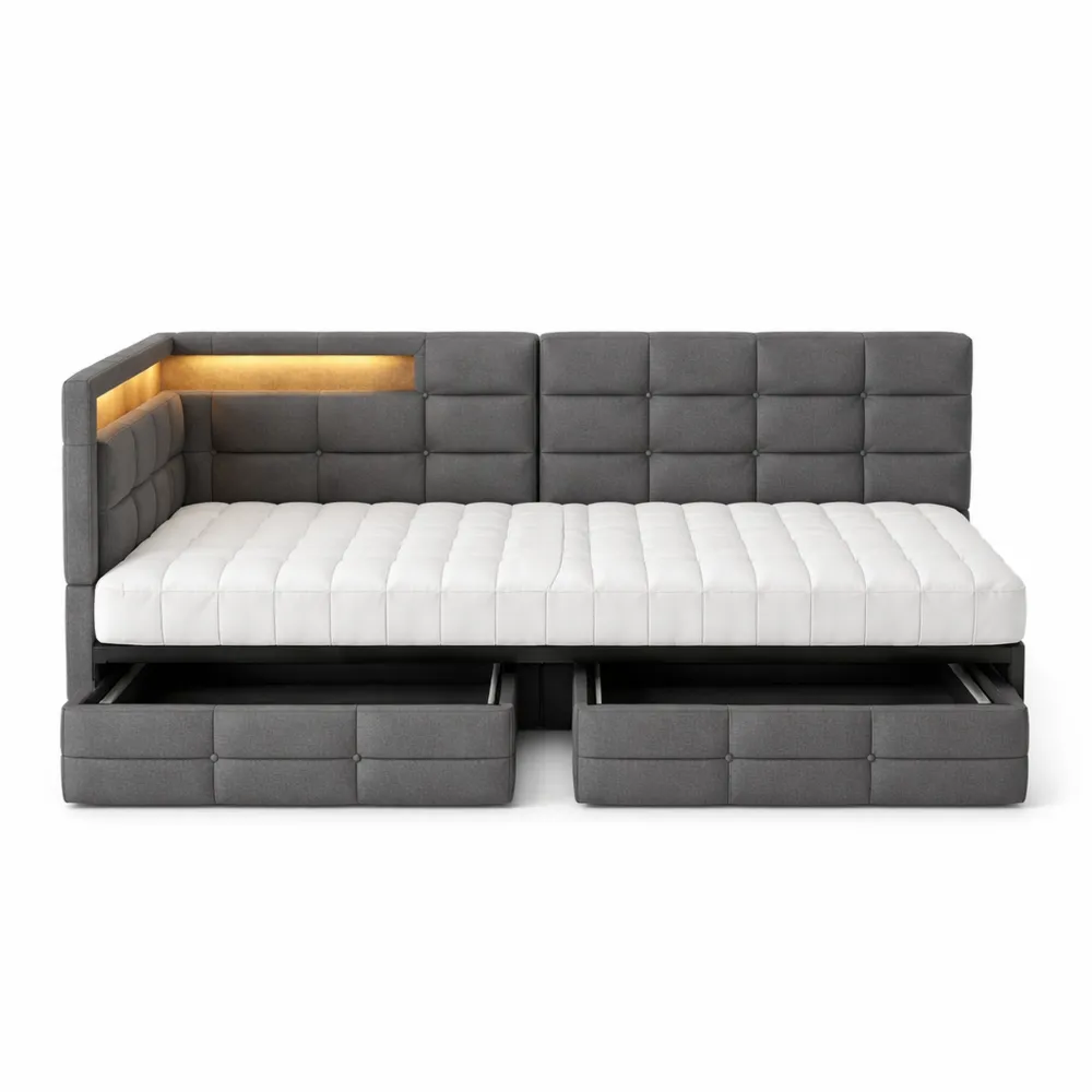 Divano letto singolo con illuminazione LED e USB, 2 cassetti, per soggiorno e camera da letto, senza materasso, grigio 90x200 cm