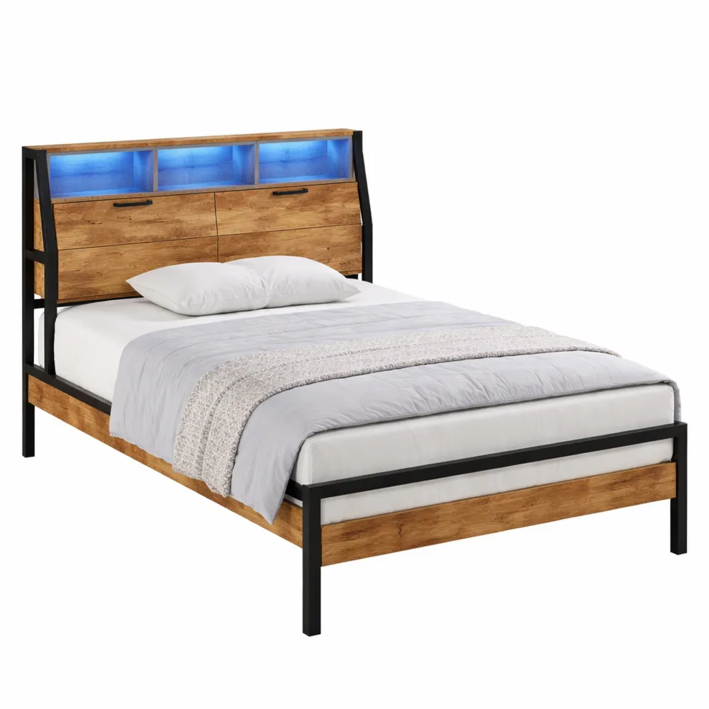 Letto Singolo 90x200 cm Legno con Spazio Stoccaggio e Luce LED