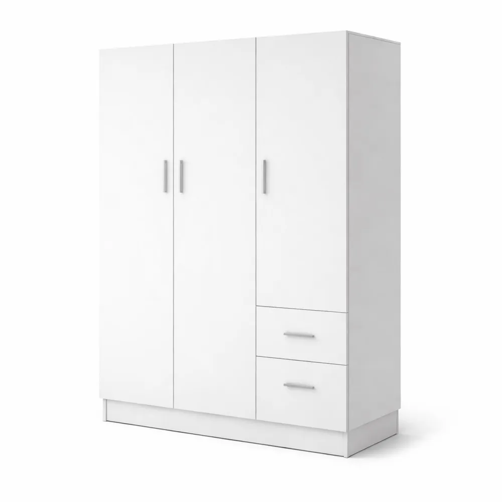 Guardaroba a 3 ante con 2 cassetti, legno laminato bianco, per mansarda e ripostiglio