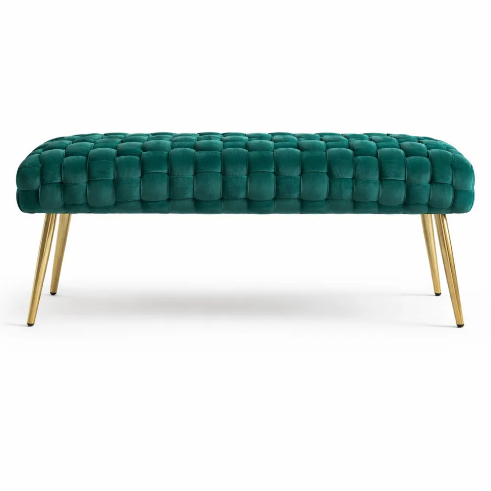 Panchina Moderna per Ingresso in Velluto Verde con Gambe Dorate, 120CM
