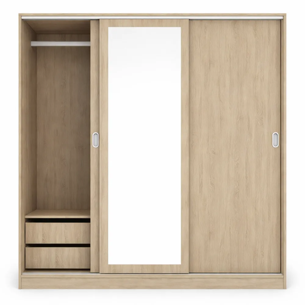 Armadio Moderno 3 Ante Scorrevoli con Specchio e Cassetti per Camera da Letto