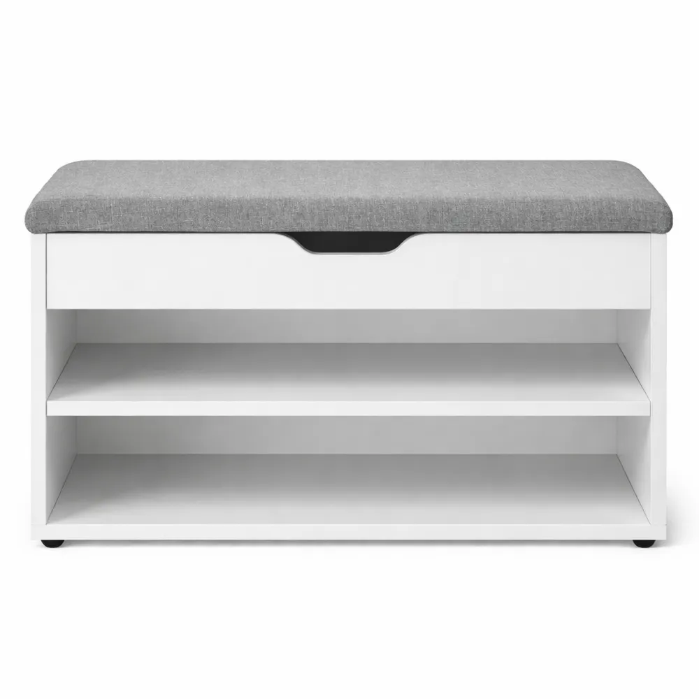 Panca scarpiera ingresso con seduta imbottita e ripiani, bianco e grigio, 60x30x44 cm, portata 120 kg