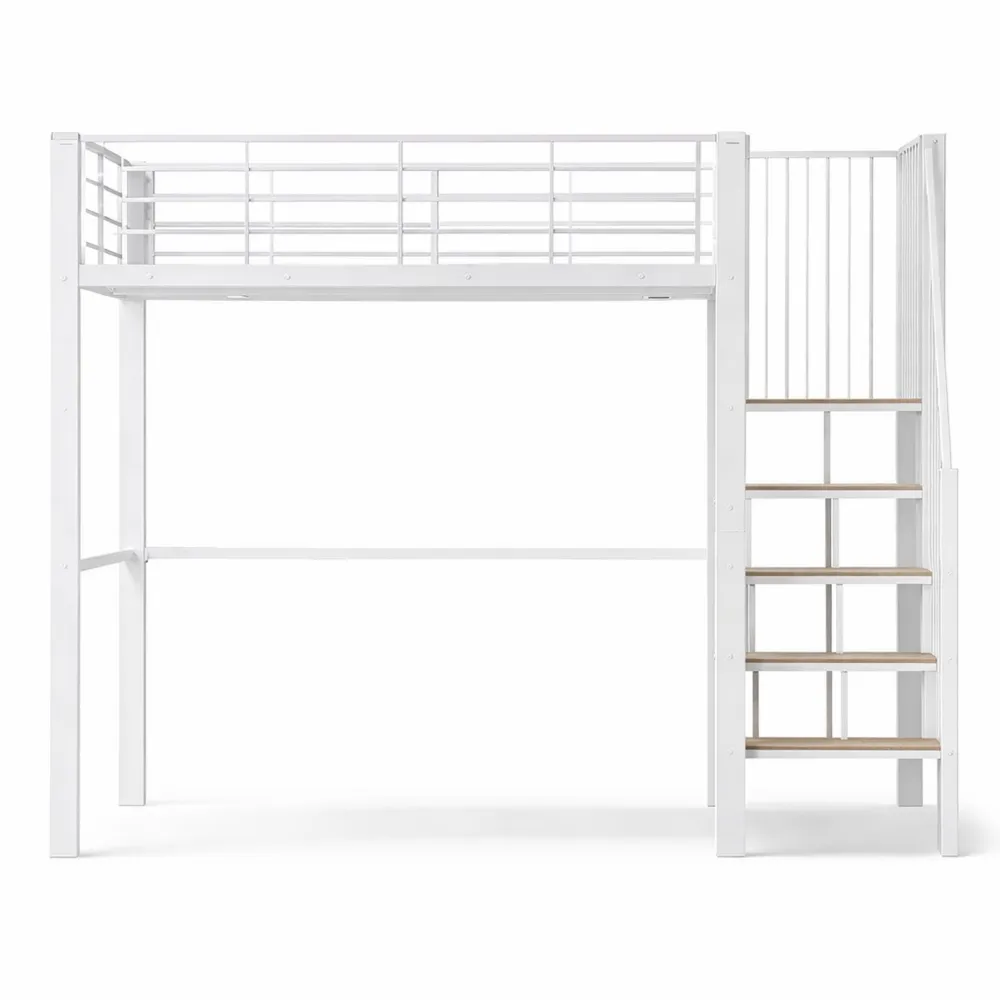 Letto a castello in metallo con scala e spazio di archiviazione
