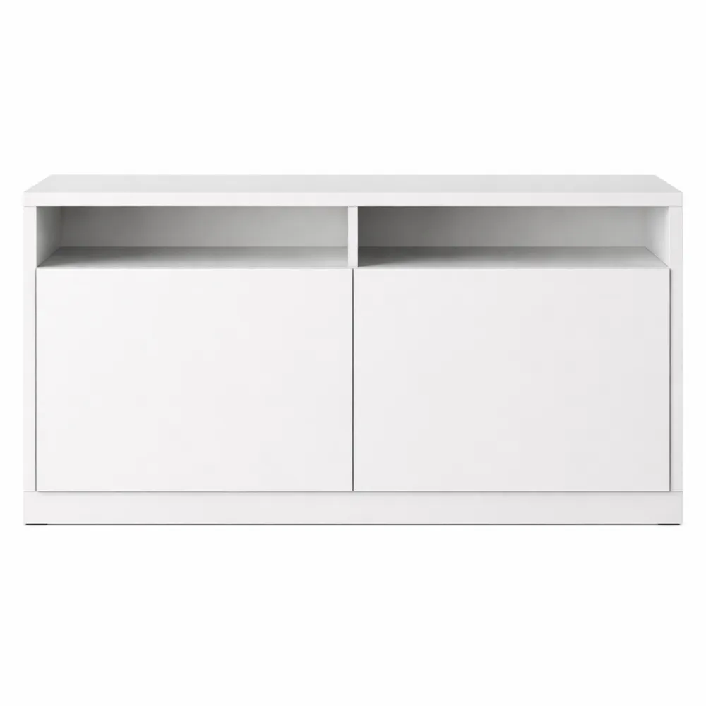 Mobile TV moderno con vani aperti e ante battenti, colore bianco opaco, 120x44,5x53,5 cm