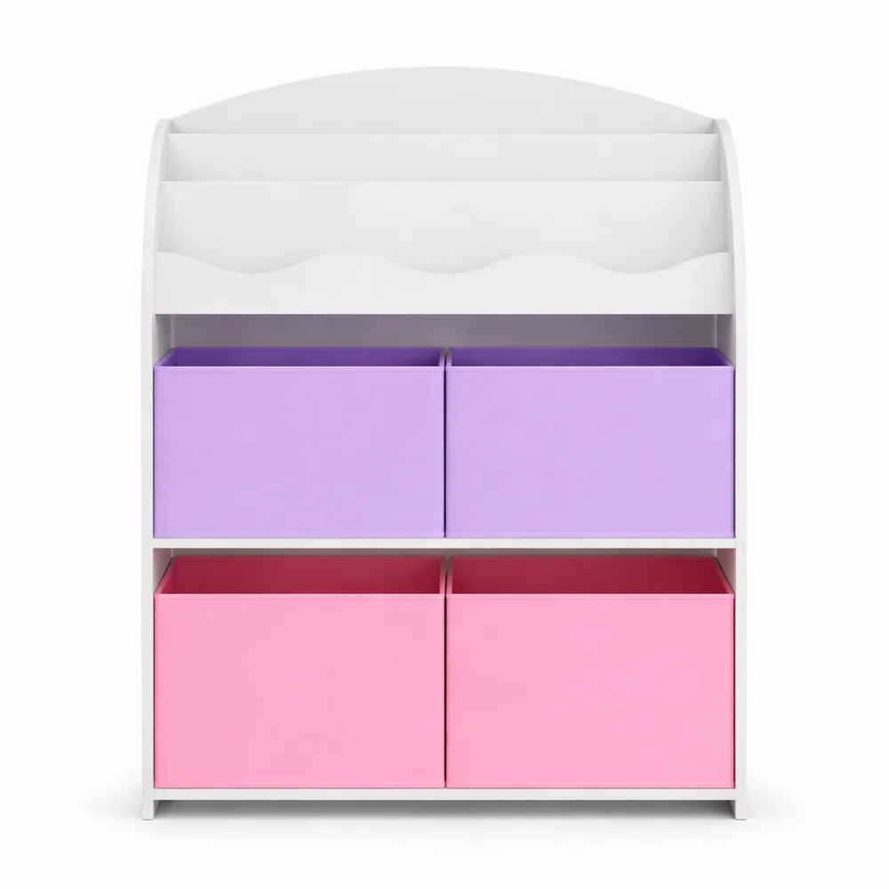 Scaffale per Cameretta con Contenitori e Libreria a Scaletta, Porta Giochi per Bambini, Motivo Unicorno, Rosa/Viola