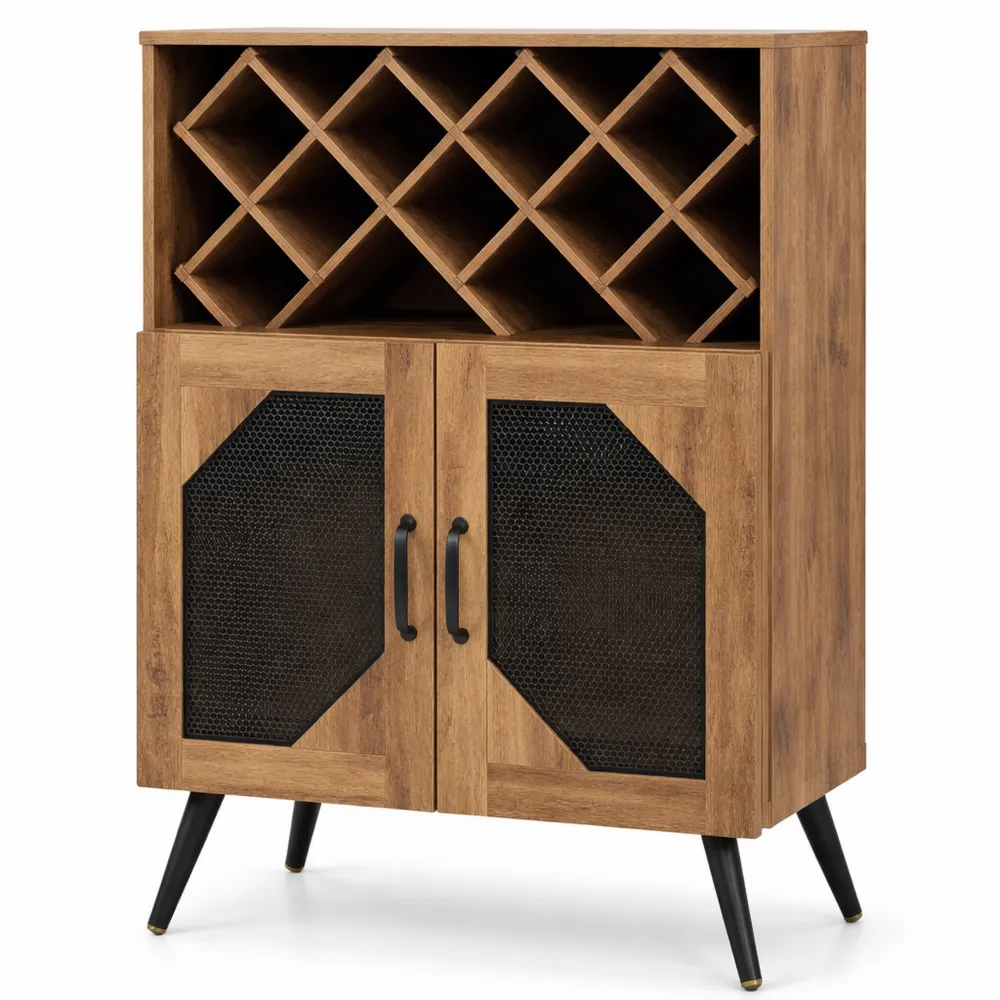 Mobile Portabottiglie in Legno con Ripiani Regolabili e Portabicchieri