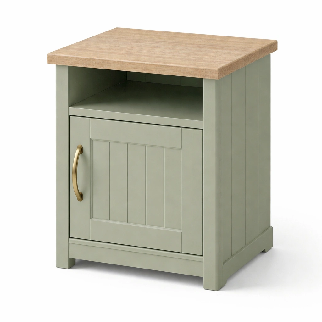 Nachttisch mit gruener Front und Holzplatte modernes Design-srivora