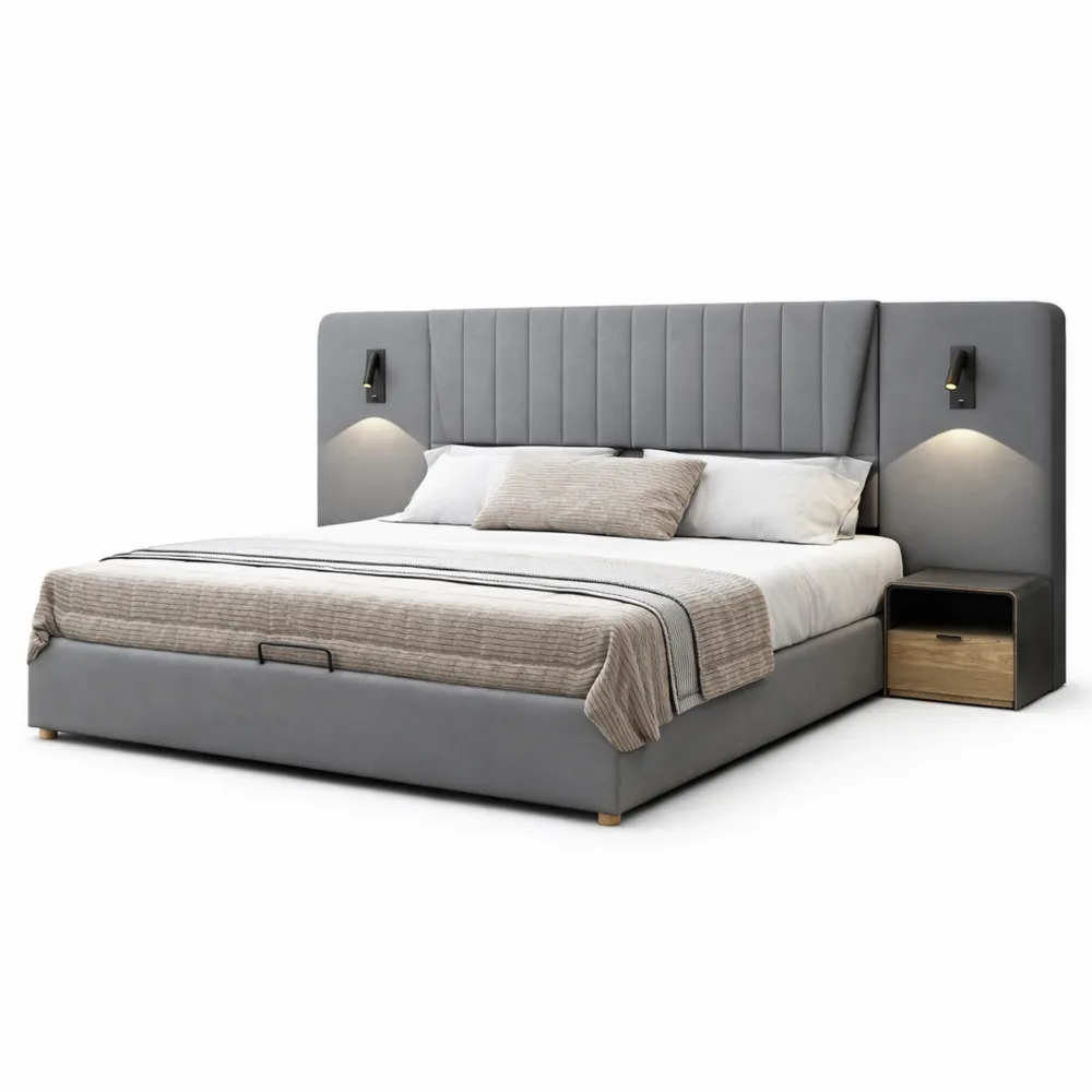 Letto matrimoniale imbottito 180x200 cm con schienale lungo e lampada regolabile