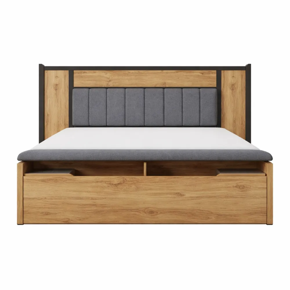 Letto matrimoniale imbottito con lampada da lettura, comodino USB C e panca contenitore, struttura in metallo, legno e lino, rovere