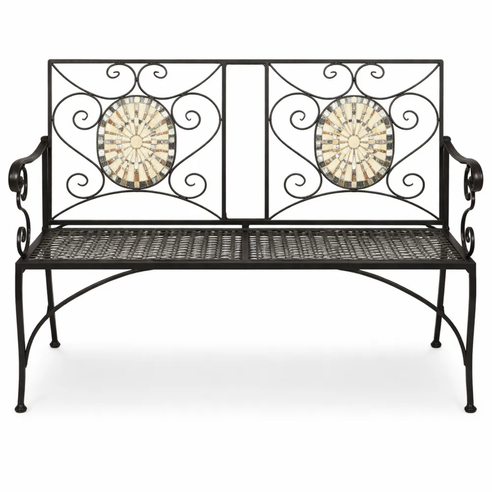 Panchina in metallo con decorazioni in mosaico, 116x56x90 cm, nera con dettagli colorati