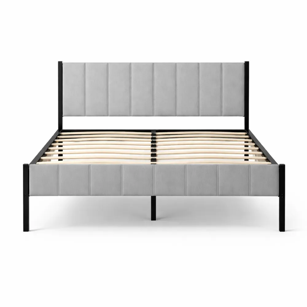 Letto Matrimoniale con Testiera Imbottita e Doghe in Acciaio, 160 x 200 cm, Grigio