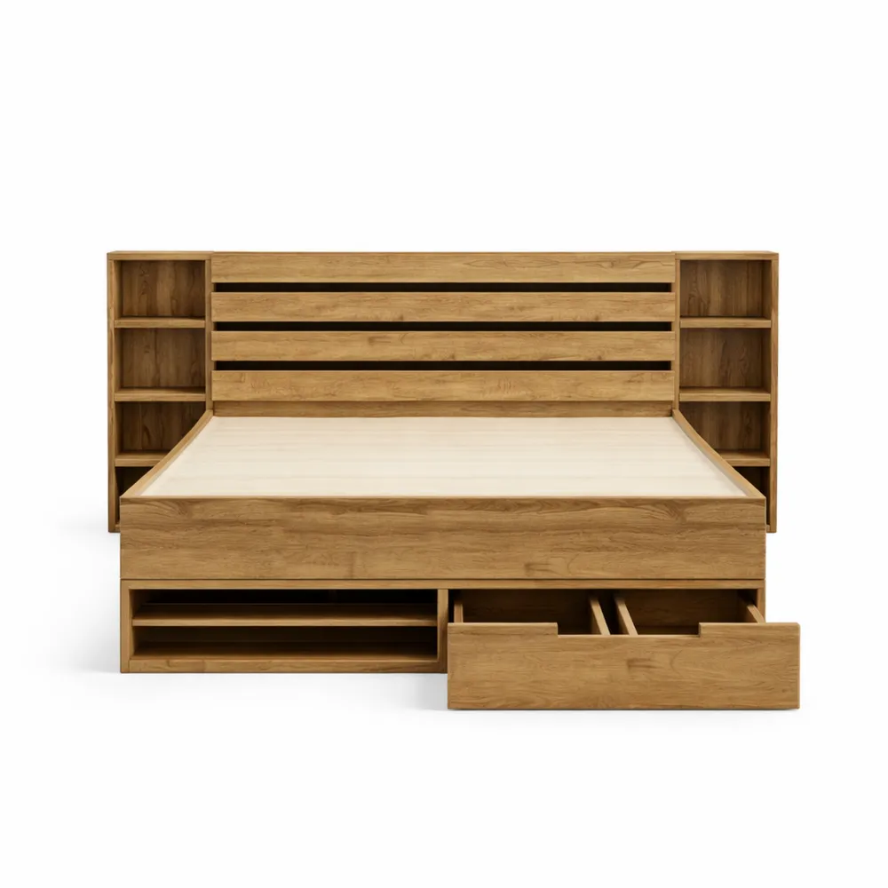 Letto matrimoniale con contenitore e luci LED, porta USB, testiera con cassetti e rete a doghe