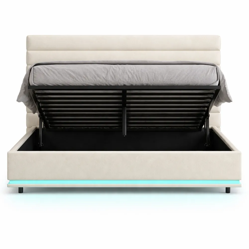 Letto matrimoniale con contenitore idraulico e illuminazione LED