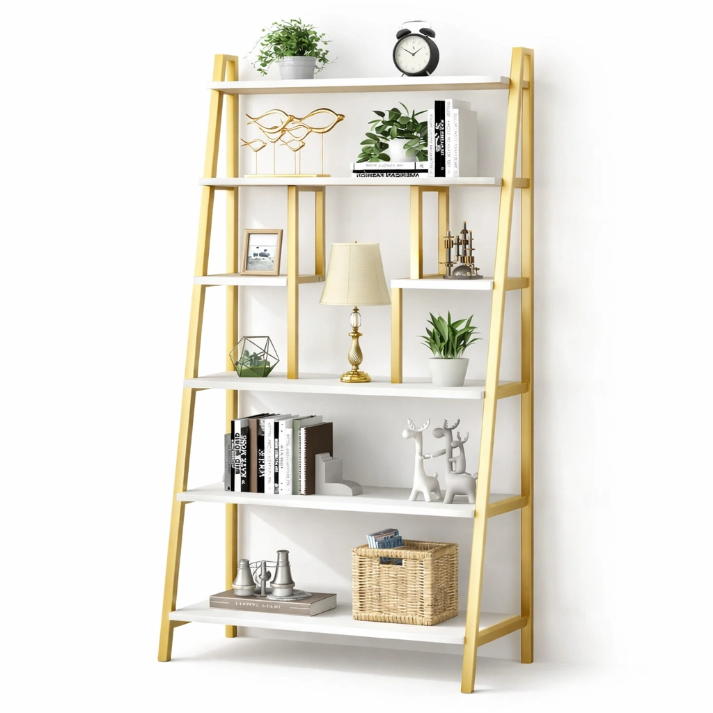 Libreria moderna a scala in metallo dorato e ripiani bianchi-derlano