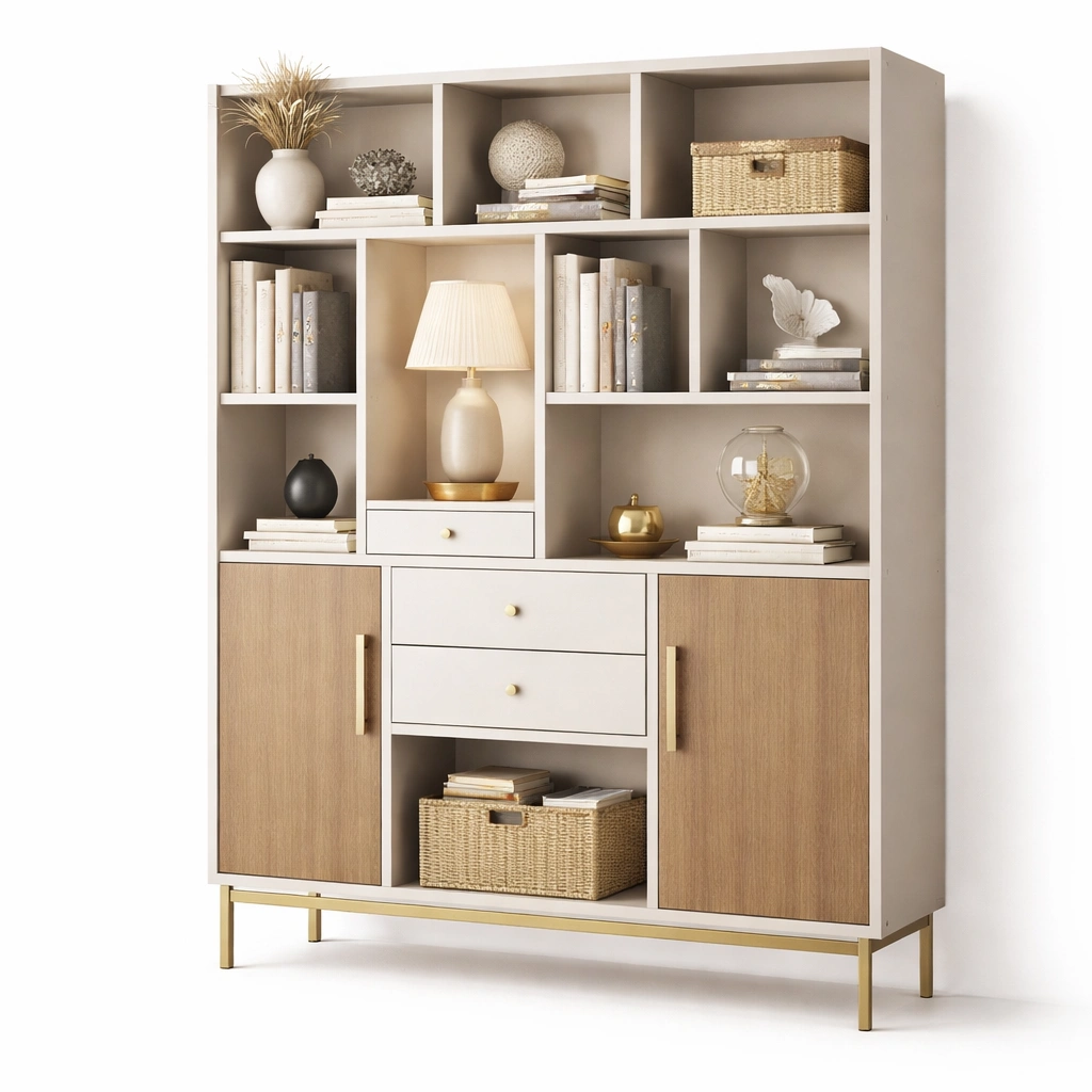 Mobile libreria con cassetti e ante in legno e finitura chiara-derlano