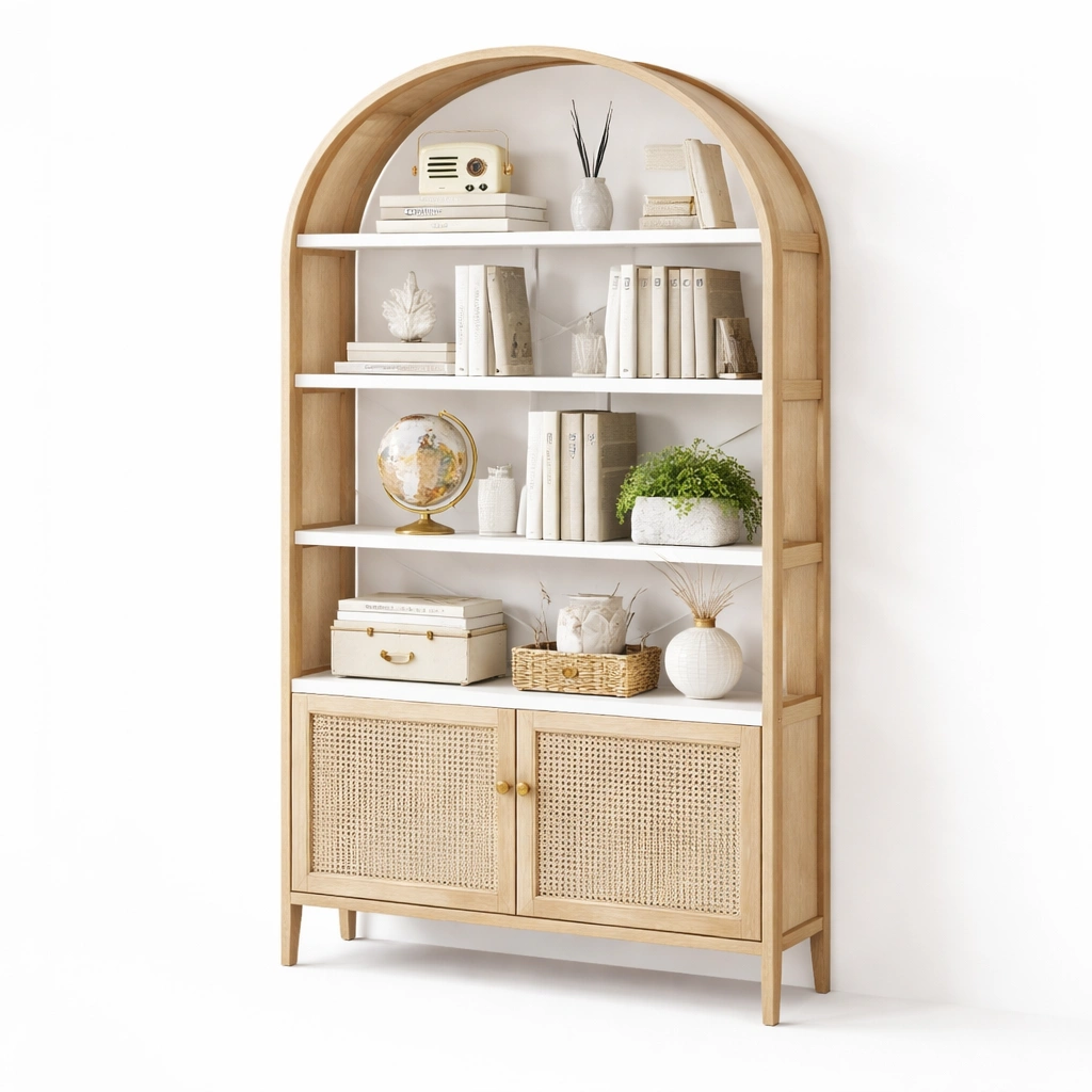 Libreria ad arco in legno chiaro con ante inferiori-derlano