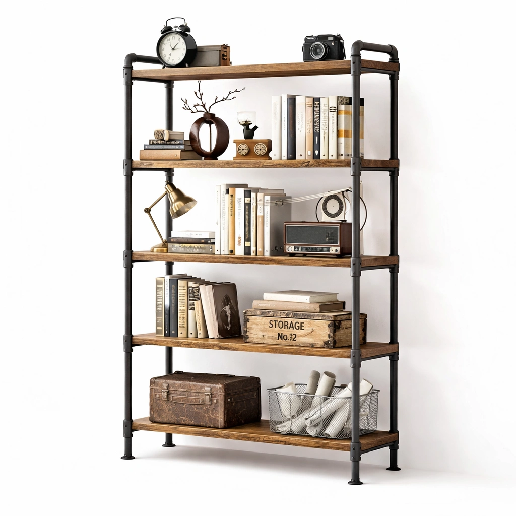 Libreria industriale con struttura in metallo nero e ripiani in legno-derlano