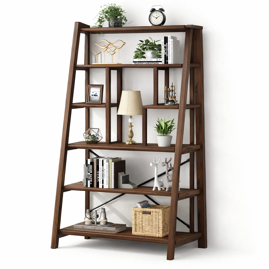 Libreria a scala in legno scuro con struttura inclinata-derlano