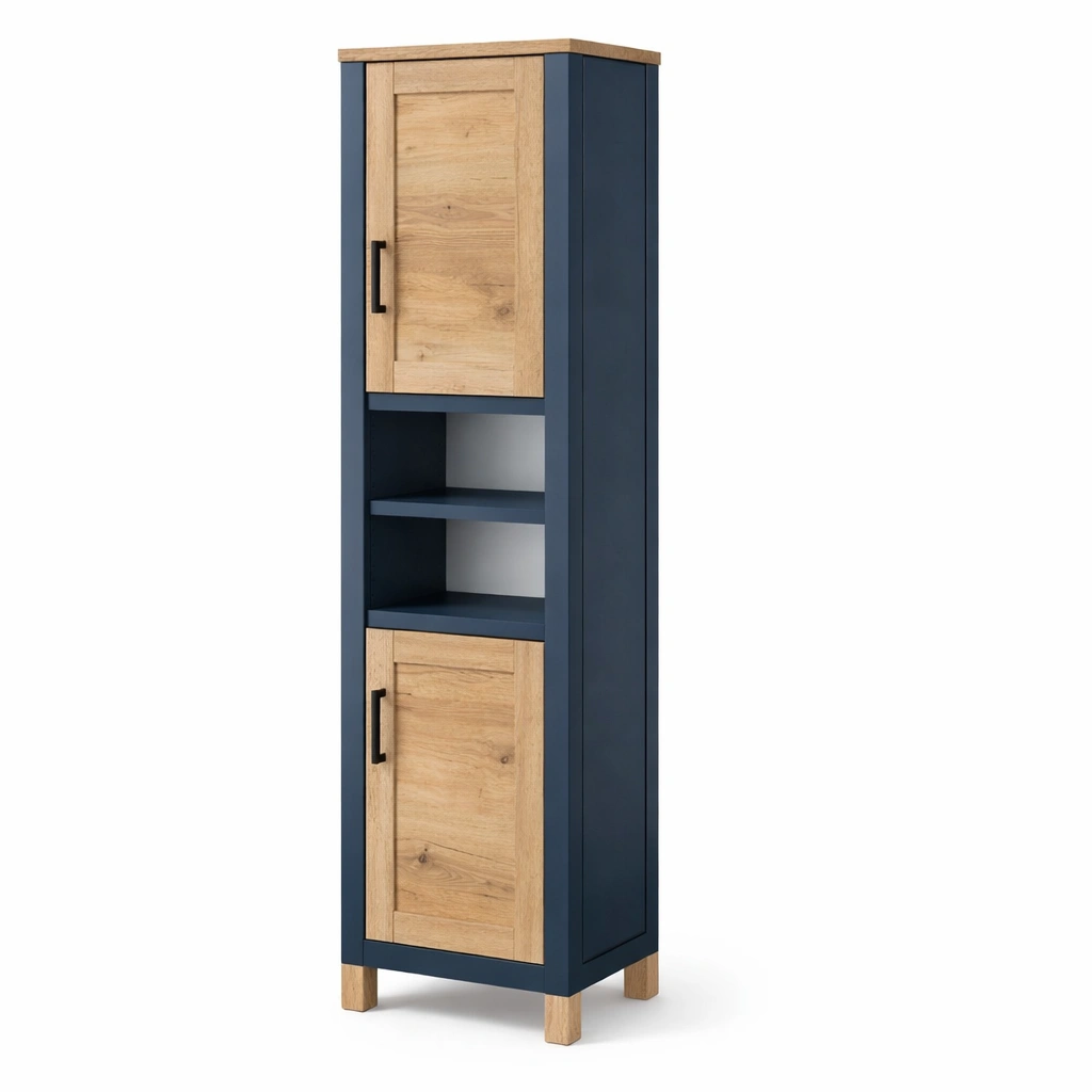 Mobile bagno colonna blu con ante e ripiani-derlano