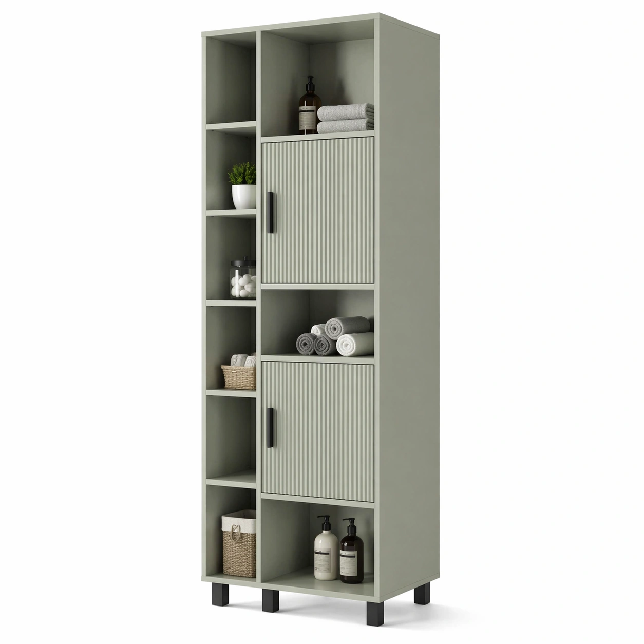 Mobile bagno alto verde con ante e ripiani multipli-derlano