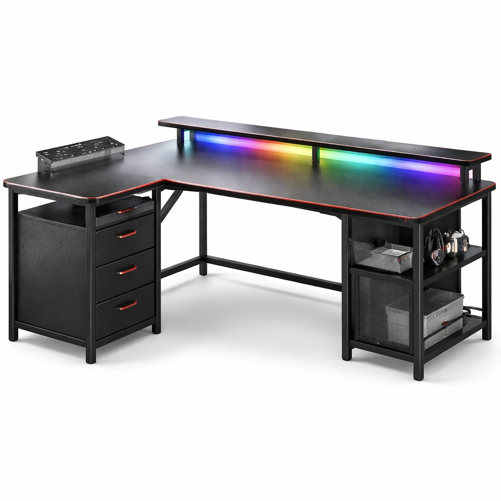 Scrivania angolare gaming con luce LED e cassetti-derlano
