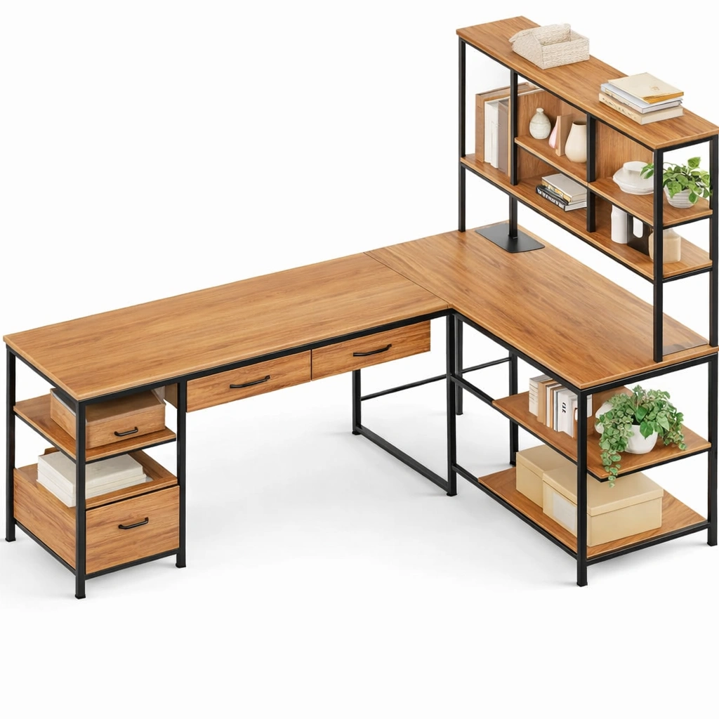 Scrivania angolare industriale con ripiani e cassetti-derlano