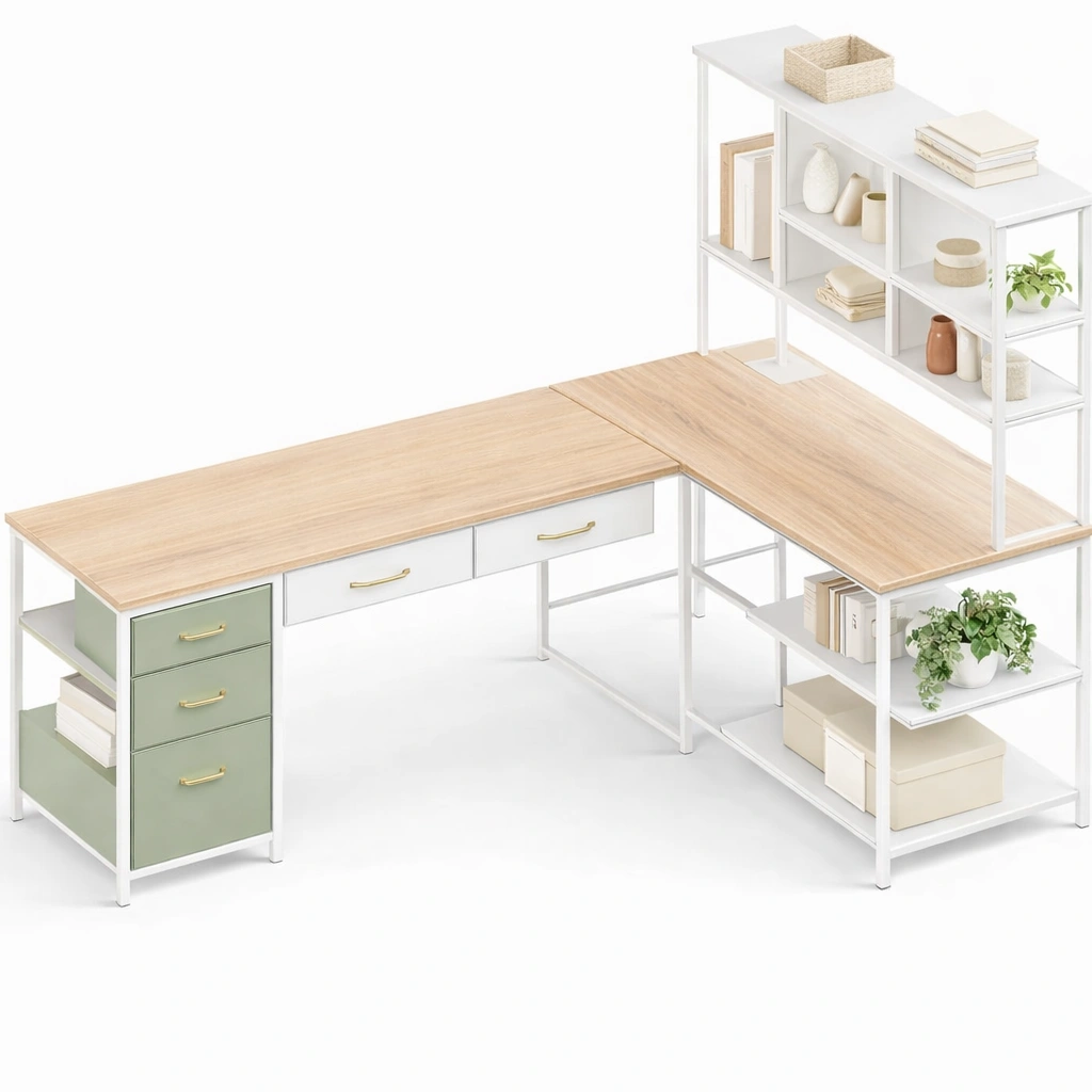 Scrivania angolare moderna con cassetti e ripiani-derlano