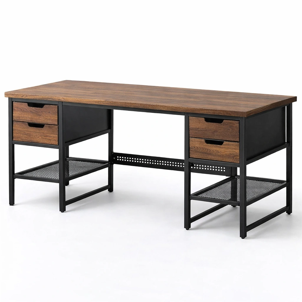 Scrivania industriale con cassetti e struttura in metallo nero-nerlano
