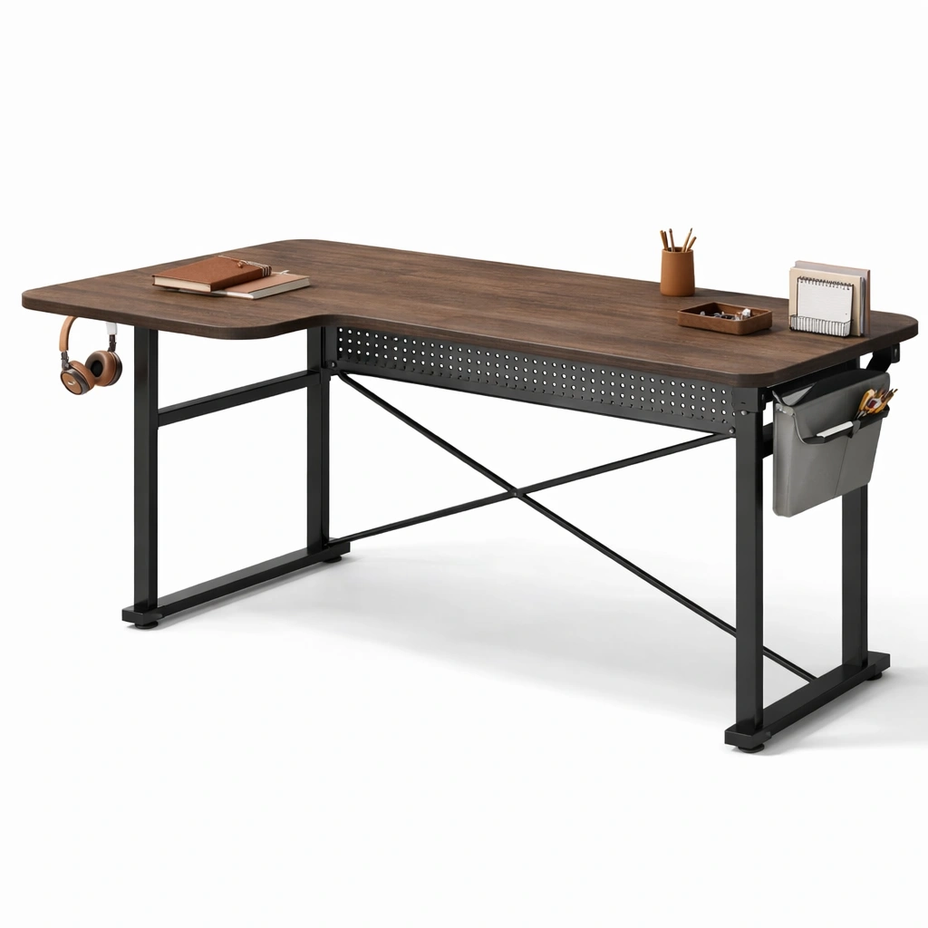Scrivania angolare industriale con accessori laterali-nerlano