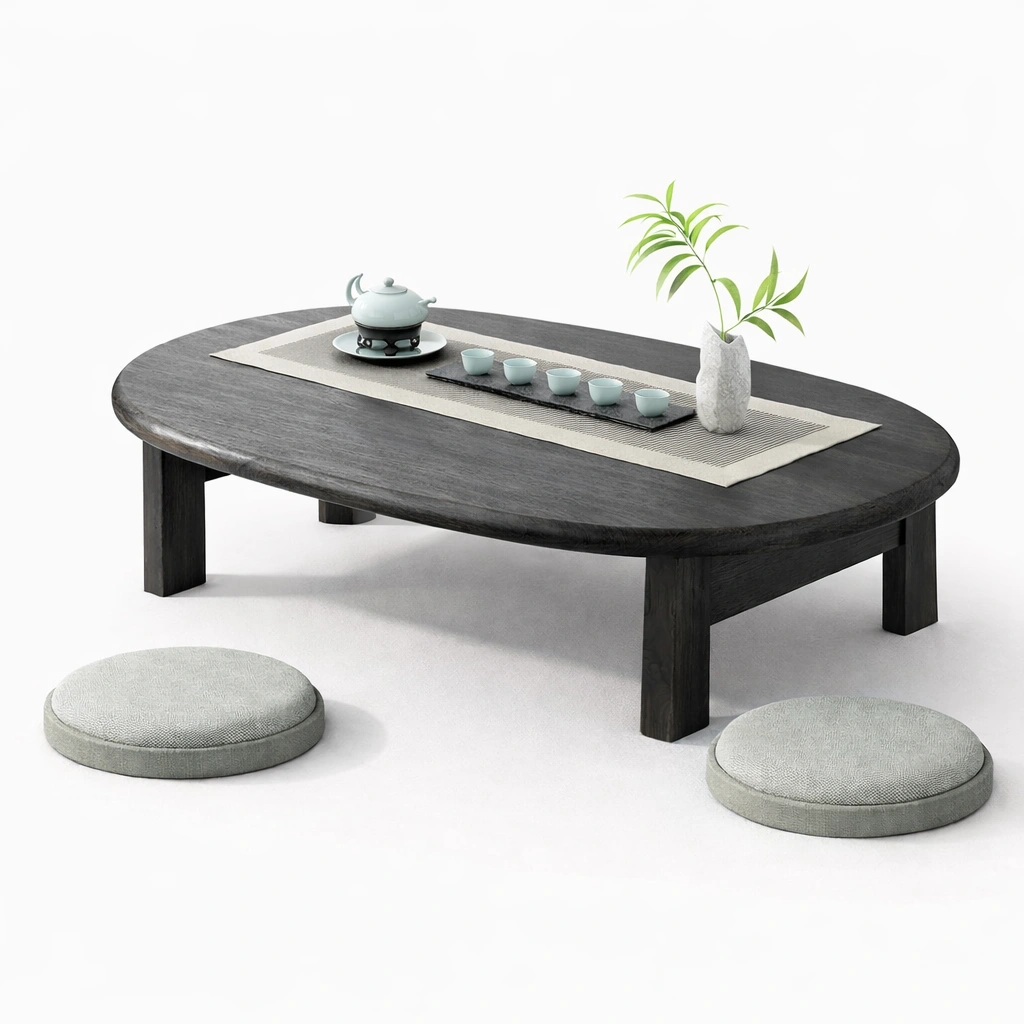 Tavolino da caffe basso ovale stile giapponese in legno scuro-nerlano