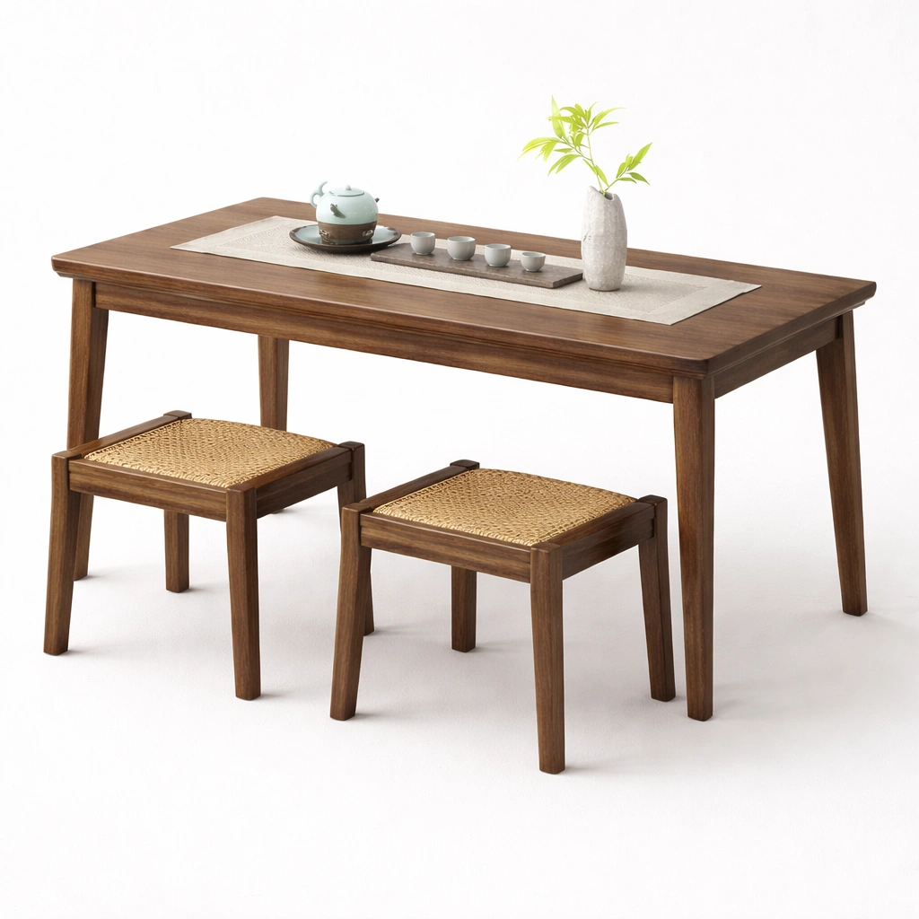 Tavolino da caffe rettangolare con sgabelli in legno naturale-nerlano