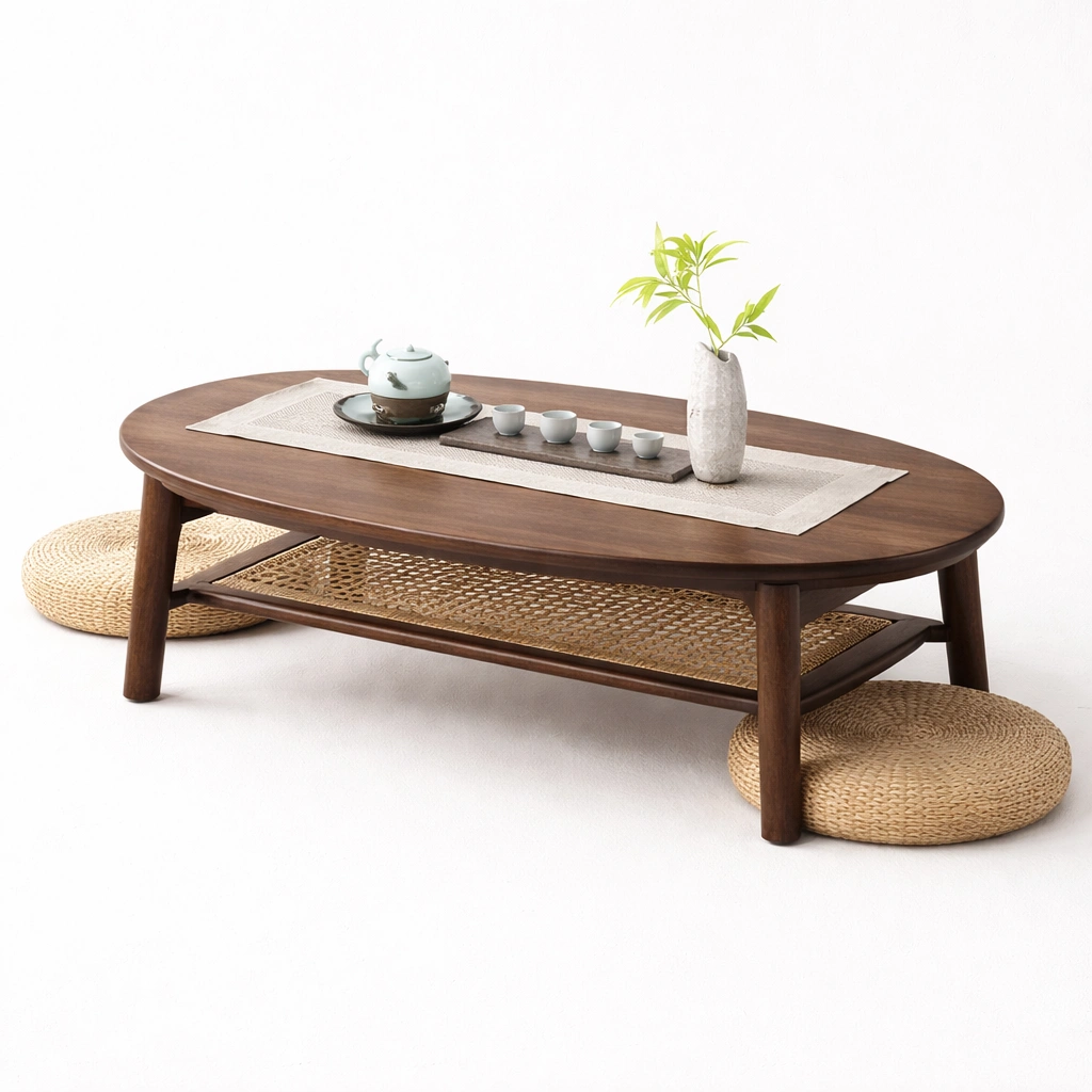 Tavolino da caffe ovale con ripiano inferiore in rattan-nerlano