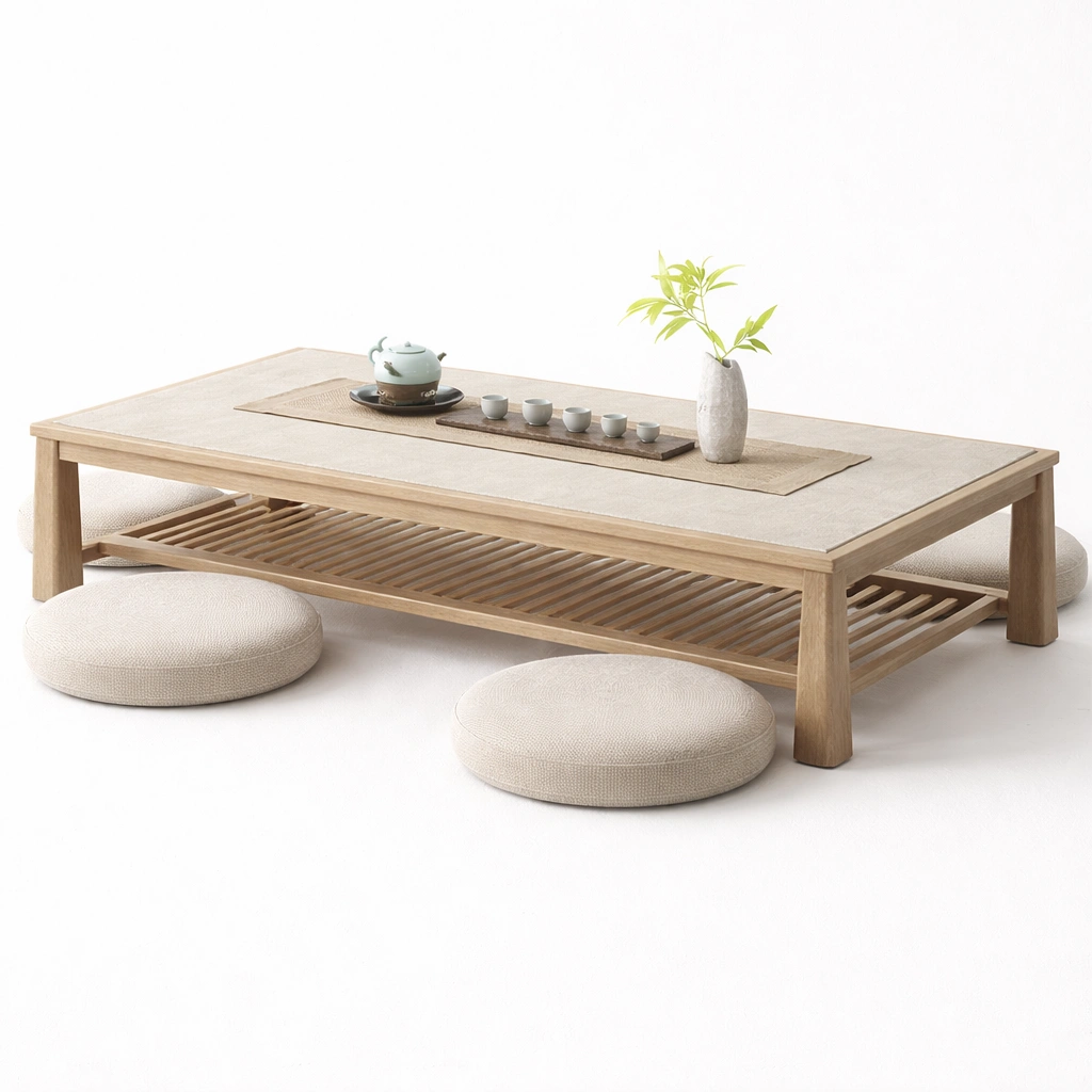 Tavolino da caffe basso rettangolare con ripiano a listelli-nerlano